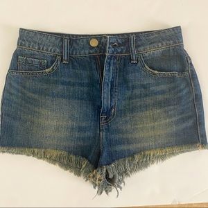 BDG Cheeky Super High Rise Denim Shorts Women’s Size 28 Raw Hem Dark Wash